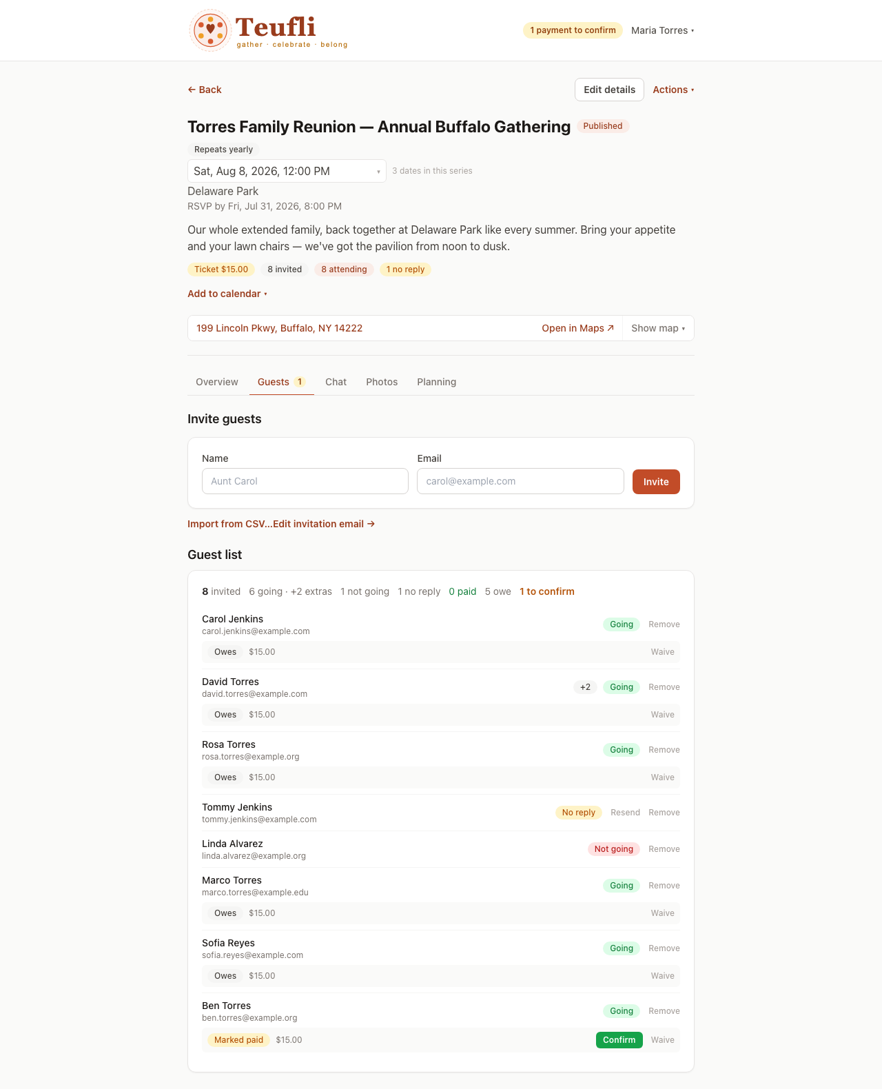 A host's guest list with an invite form at the top and each guest's RSVP and payment status below